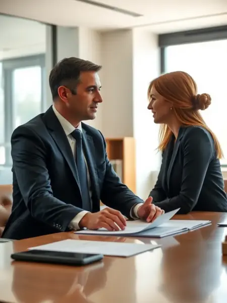 An image of a professional lawyer reviewing tax documents with a client in a modern office setting, symbolizing Lexora's Tax Litigation Consulting service.